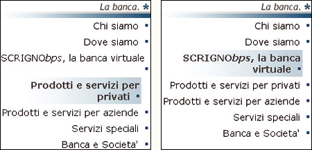 Particolari di menù del sito della Banca Popolare di Sondrio.